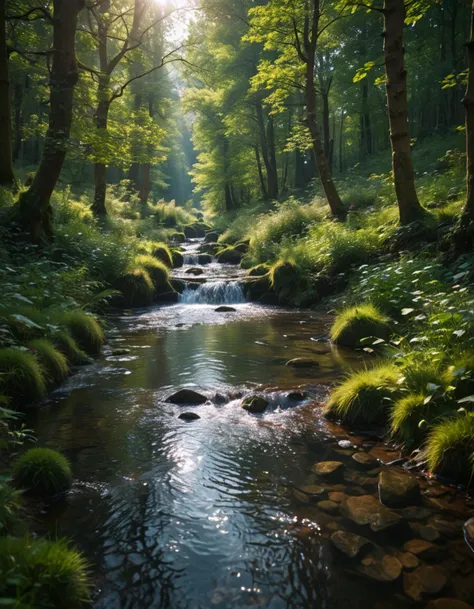 arafed view of a stream running through a forest with rocks and grass