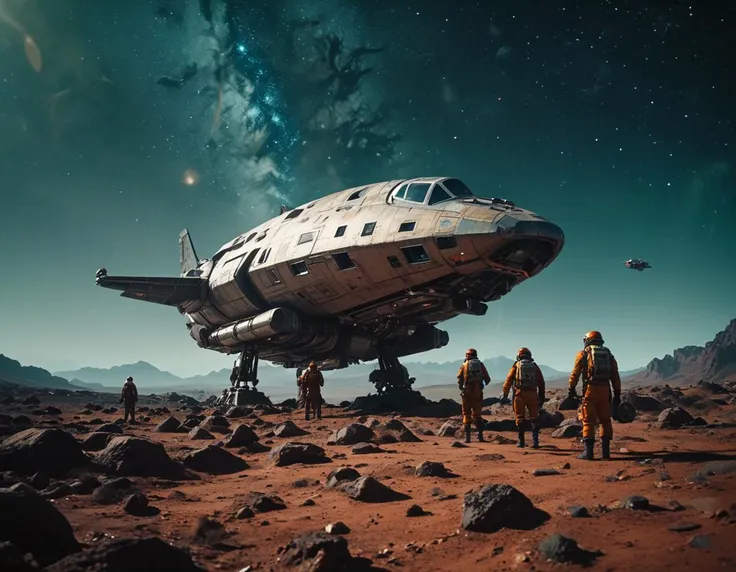 a group of people walking around a large space ship on a rocky surface