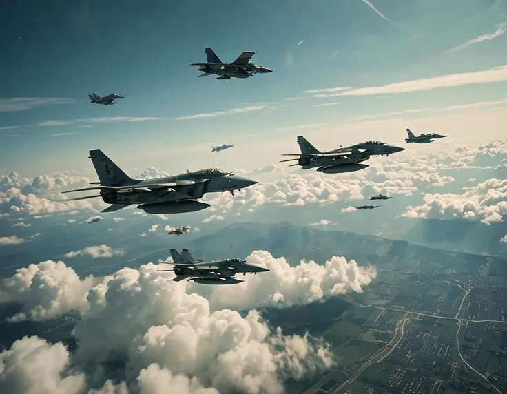 several fighter jets flying in formation in the sky above the clouds