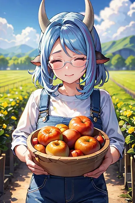 a woman with blue hair holding a basket of apples in a field