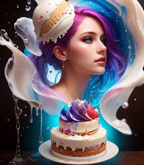 a ice cream, cake, liquid made of liquid splashes, merging, melting, splashing, droplets, mixing, fading away, exploding, swirling, intricate detail, modelshoot style, dreamlikeart, dramatic lighting. 8k, highly detailed, trending artstation