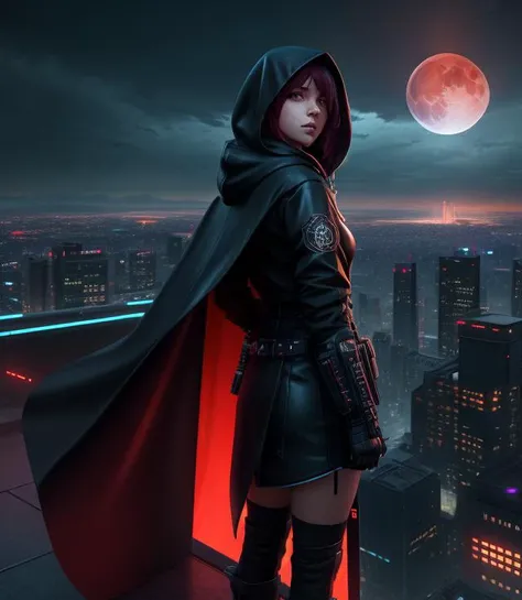 1girl,standing on a ledge overlooking a city at night, stylized urban fantasy art, hooded hooded Sith Lord, digital cyberpunk anime art, blood moon background, wearing hooded science fiction cape, digital cyberpunk - anime art, modern science fiction anime...