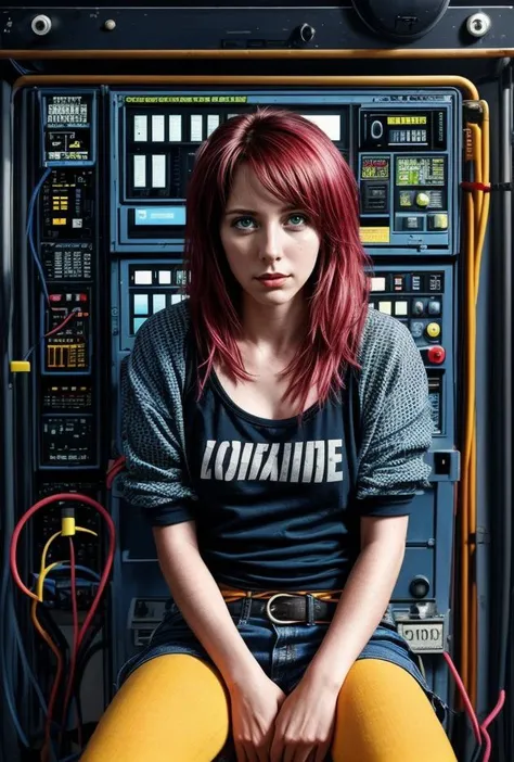 arafed woman sitting in front of a control panel with a yellow leggings