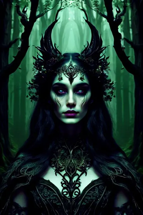 woman in a mythical forest, masterpiece, perfect face, intricate details, horror theme <lora:DonMD4rk3lv3s:0.8> donmd4rk3lv3s