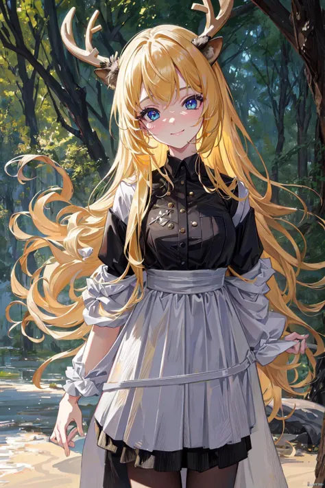 anime girl with long blonde hair and deer horns standing in front of a river