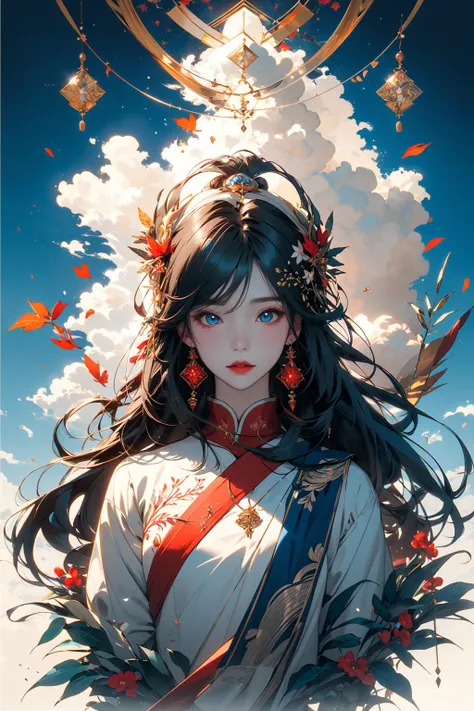 (masterpiece:1.2), best quality,realistic,midjourney,
1girl, long hair, black hair, solo, jewelry, hair ornament, earrings, blue eyes, upper body, red lips, cloud, looking at viewer, artist name, closed mouth, sky, leaf, long sleeves, chinese clothes
 <lor...