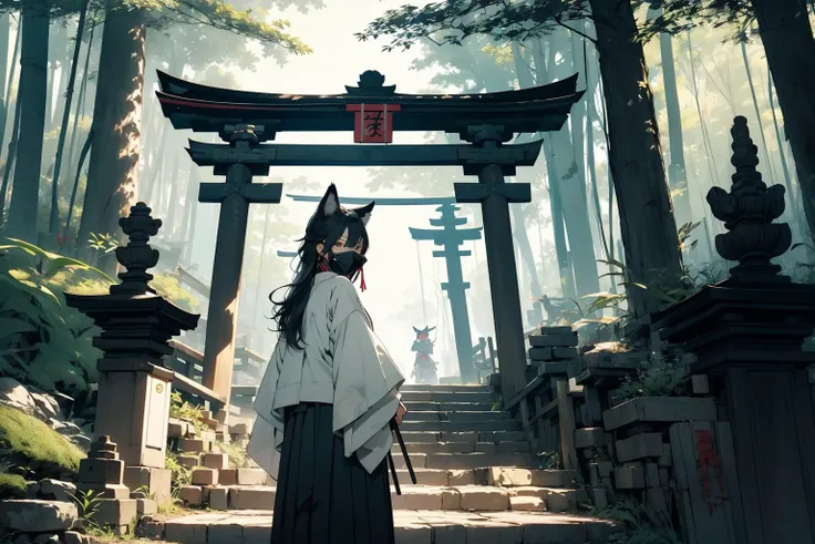 (masterpiece:1.2), best quality,CG,midjourney,
1girl, mask, weapon, fox mask, japanese clothes, long hair, sword, solo, torii, animal ears, outdoors, kimono, sheath, stairs, katana, tree, sheathed, wide sleeves, holding, hakama, fox ears, forest, nature, r...