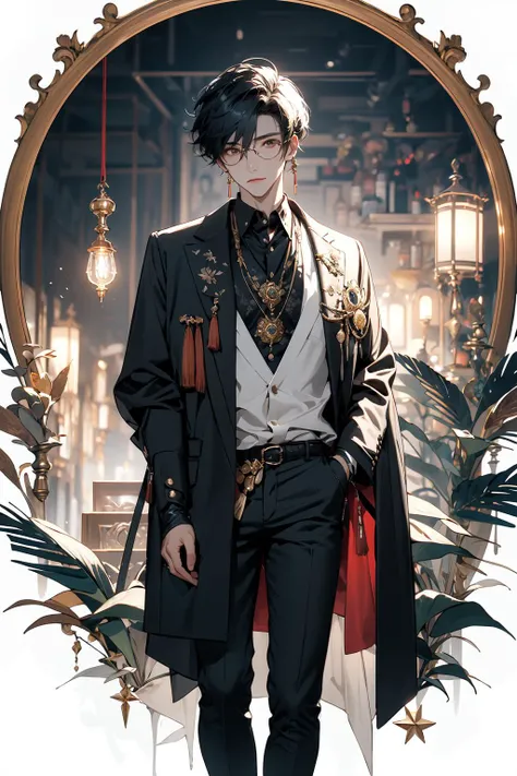 (masterpiece:1.2), best quality,realistic,midjourney,
1boy, gloves, male focus, quill, glasses, jewelry, earrings, eyewear strap, white background, black hair, monocle, holding, black gloves, short hair, hand in pocket, book, shirt, long sleeves, simple ba...