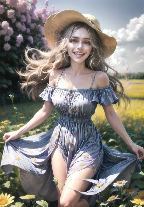 Marz , portrait, summer dress, laughing, field of flowers, blu sky, beautiful, <lora:add_detail:1.5>  (8k, RAW photo, best quality, masterpiece:1.2),ultra-detailed, (high detailed skin:1.2), 8k uhd, dslr, soft lighting, high quality,  <lora:Marz_v1:0.8>