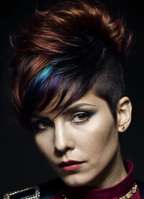 portrait of sks woman by Flora Borsi, style by Flora Borsi, bold, bright colours, rainbow Mohawk haircut, ((Flora Borsi)), <lora:locon_noomirapace_v1_from_v1_64_32:1>