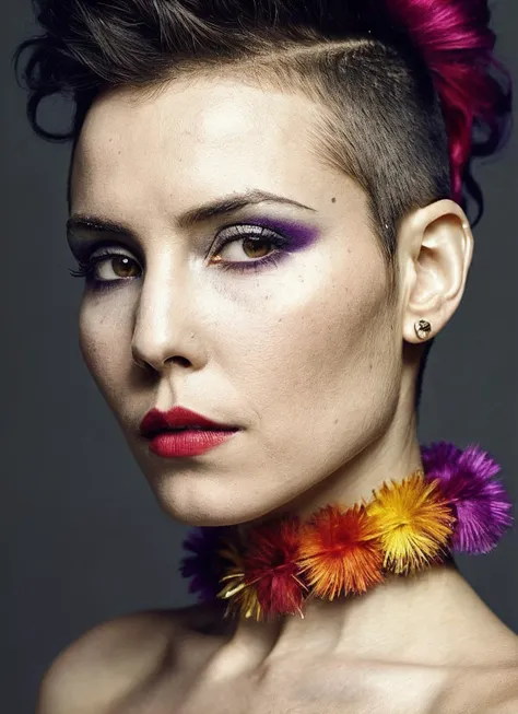 portrait of sks woman by Flora Borsi, style by Flora Borsi, bold, bright colours, rainbow Mohawk haircut, ((Flora Borsi)), <lora:locon_noomirapace_v1_from_v1_64_32:1.25>