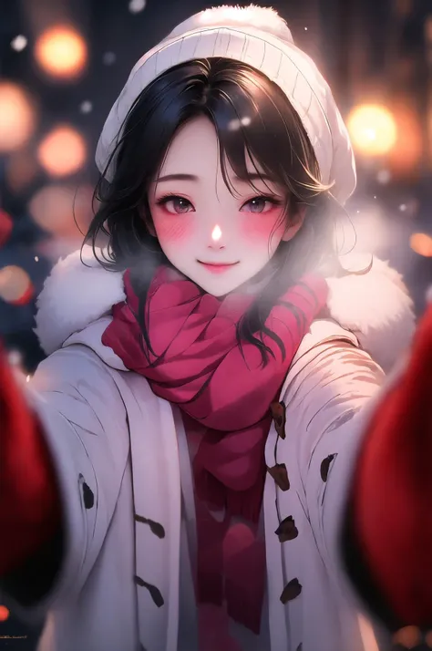 bokeh, 
1girl, shy, black hai, dark skin:1.3, 
<lora:PovCheekWarmingMeme:1> IncrsChkWarmingMeme, pov, red scarf, winter clothes, smile, blush, gown:1.3, red dress5