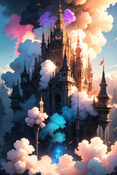 a castle in the clouds with a lot of smoke coming out of it