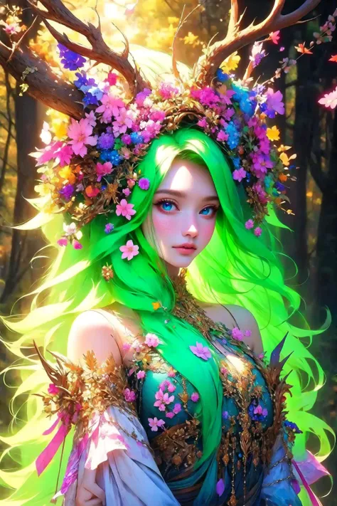 a woman with green hair and a green dress is dressed in a forest