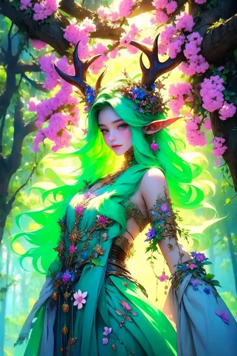 a woman with green hair and horns in a forest