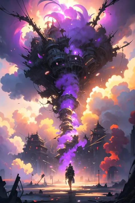 a man standing in front of a giant structure with purple smoke coming out of it