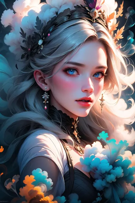 hyper-realistic portrait of a mysterious woman with flowing silver hair, piercing blue eyes, and a delicate floral crown, <lora:colorful_fumes:1.4>, colorful_fumes, smoke,