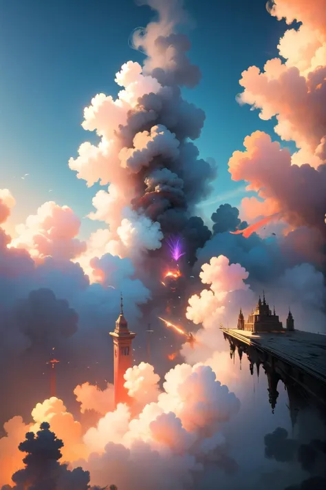 a painting of a tower in the clouds with a rainbow light