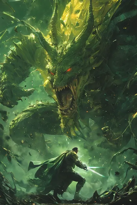 a man in a cloak and cape standing next to a giant dragon