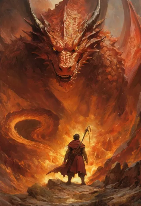 The Encounter with Smaug, Bilbo faces the dragon Smaug, which is the climax of his personal journey. His bravery, intelligence, and conversational skills are crucial in this encounter.
Medium - Gilded oil painting.
Composition - Smaug, immense and coiled, ...