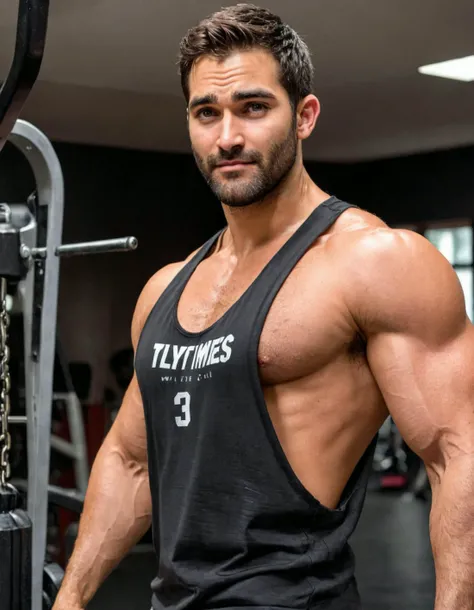 cinematic photo of handsome man, tyler hoechlin, muscular, bodybuilder, wearing tank top shirt, extreme low-cut dropped side holes,low-cut cleavage, standing, in a gym, sweaty, looking at camera, high quality, detailed  <lora:tyler_hoechlin-v2-sdxl:1>   <l...