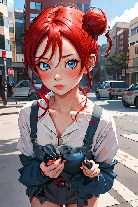 anime girl with red hair and blue eyes standing on a city street