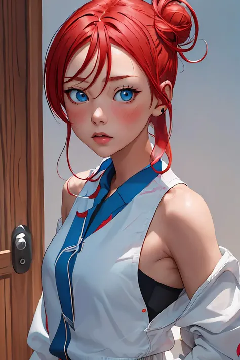 anime girl with red hair and blue eyes posing in front of a door