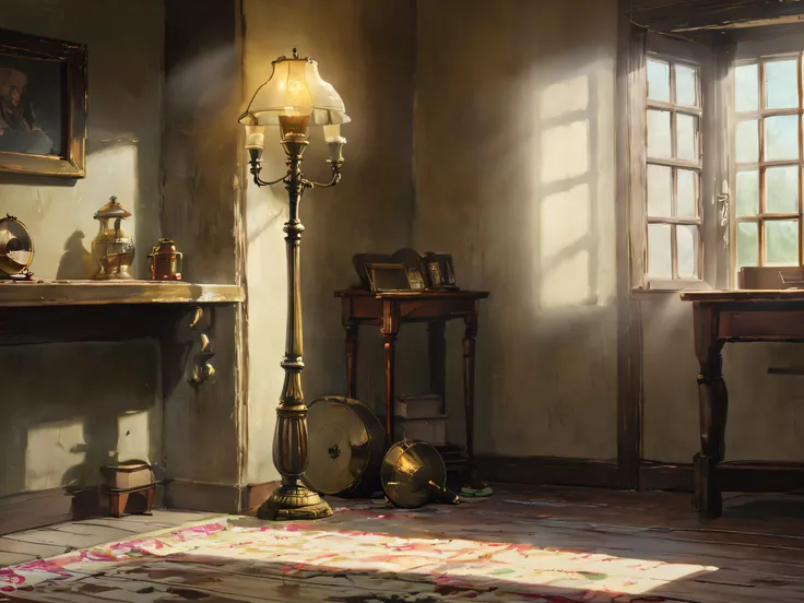 old house, inside, sunlit, lamp, in the style of  <lora:howlsghibli2-000010:1>