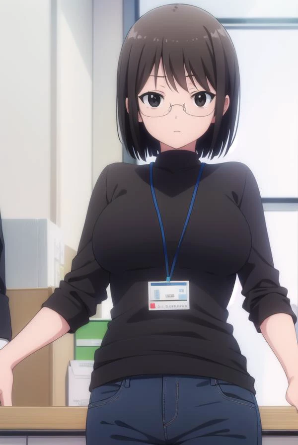 lucyyamagami, <lora:lucy yamagami s1-lora-nochekaiser:1>,
lucy yamagami, short hair, black hair, (black eyes:1.5), ahoge, glasses,
BREAK pants, sweater, turtleneck, id card, lanyard,
BREAK indoors, office,
BREAK looking at viewer, (cowboy shot:1.5),
BREAK ...