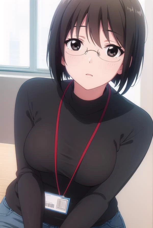 lucyyamagami, <lora:lucy yamagami s1-lora-nochekaiser:1>,
lucy yamagami, short hair, black hair, (black eyes:1.5), ahoge, glasses,
BREAK pants, sweater, turtleneck, id card, lanyard,
BREAK indoors, office,
BREAK looking at viewer, (cowboy shot:1.5),
BREAK ...