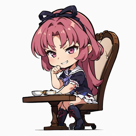 a cartoon girl sitting at a table with a plate of food