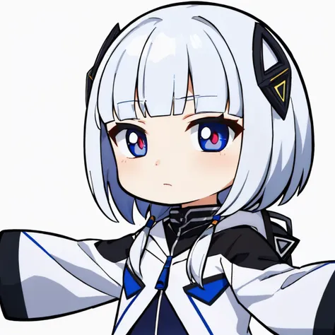 anime girl with white hair and blue eyes in a white and black outfit