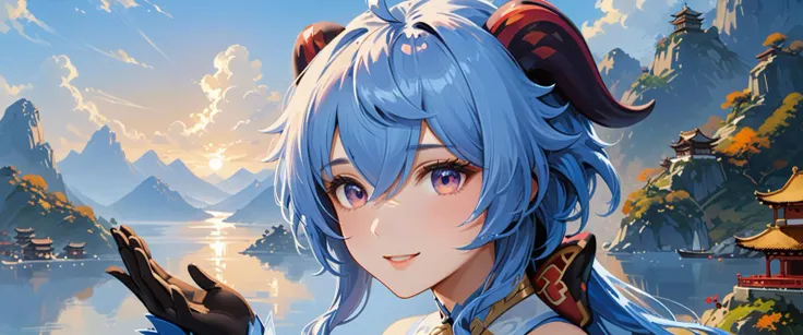 best quality, high quality, masterpiece, absurdres, incredibly detailed, UHD, impasto,
BREAK
1girl, ganyu_(genshin_impact), smile, open mouth, blue_hair, breasts, long_hair, detached_sleeves, bell, horns, gloves, bare_shoulders, bangs, gold_trim, looking_a...