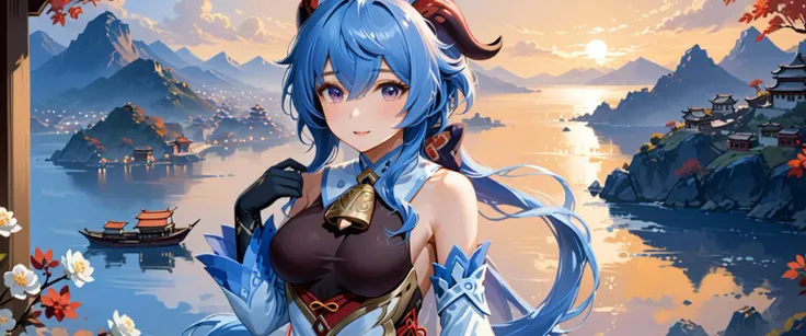 best quality, high quality, masterpiece, absurdres, incredibly detailed, UHD, impasto,
BREAK
1girl, ganyu_(genshin_impact), smile, open mouth, blue_hair, breasts, long_hair, detached_sleeves, bell, horns, gloves, bare_shoulders, bangs, gold_trim, looking_a...