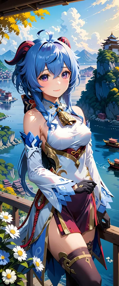 best quality, high quality, masterpiece, UHD,
BREAK
1girl, ganyu_(genshin_impact), smile, blue_hair, breasts, long_hair, detached_sleeves, bell, horns, gloves, bare_shoulders, bangs, gold_trim, looking_at_viewer, purple_eyes, white_sleeves, sidelocks, ahog...