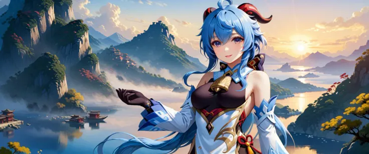best quality, high quality, masterpiece, absurdres, incredibly detailed, UHD, realistic,
BREAK
1girl, ganyu_(genshin_impact), smile, open mouth, blue_hair, breasts, long_hair, detached_sleeves, bell, horns, gloves, bare_shoulders, bangs, gold_trim, looking...