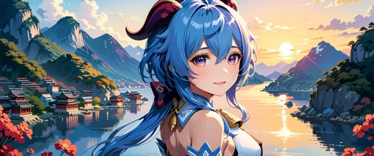best quality, high quality, masterpiece, absurdres, incredibly detailed, UHD, flat color,
BREAK
1girl, ganyu_(genshin_impact), smile, open mouth, blue_hair, breasts, long_hair, detached_sleeves, bell, horns, gloves, bare_shoulders, bangs, gold_trim, lookin...