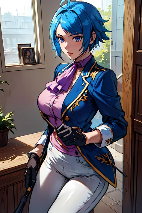 a woman with blue hair and a blue jacket holding a gun