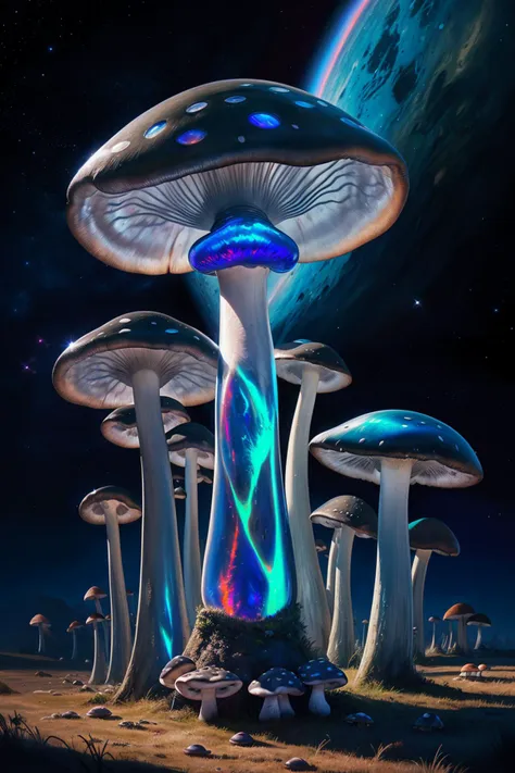 a close up of a group of mushrooms on a field with a planet in the background