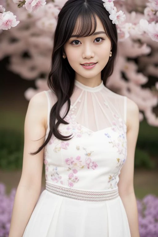 a woman in a white dress standing in front of a tree