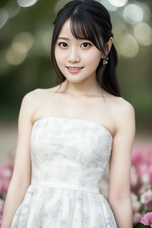 a woman in a white dress standing in a field of flowers