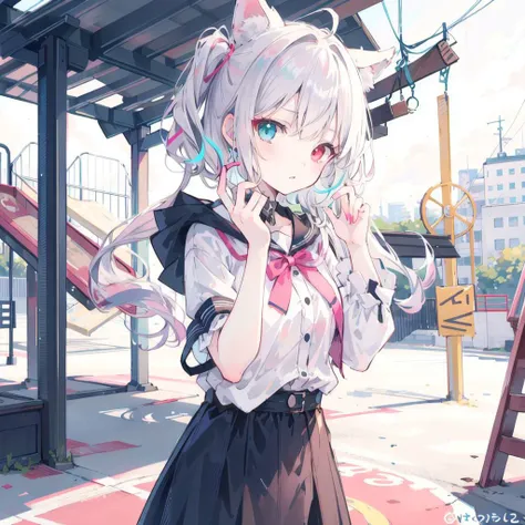 1girl,playground,determined,hair ears,heterochromia,uchikake,neon palette hair,