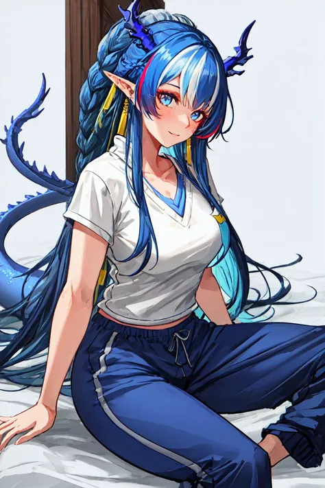 (masterpiece, best quality), Dutch angle, from side, <lora:add_detail:0.5>, , blue_hair, horns, long_hair, pointy_ears, dragon_horns, blue_eyes, bangs, breasts, multicolored_hair, very_long_hair, braid, yellow_necktie, large_breasts, streaked_hair, dragon_...