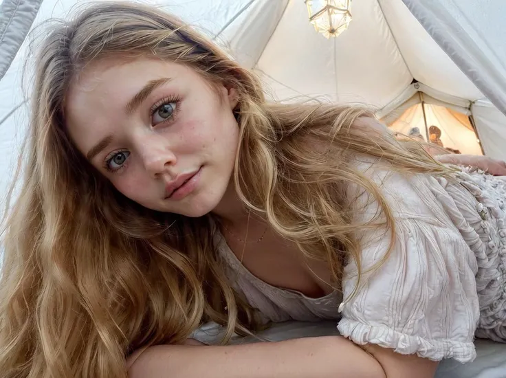 1girl , KristineFroseth cute  woman, small breast, best quality, super realistic, Masterpiece, hair down Dutch angle , lying on a airbed inside a tent , looking at the viewer, dark at night, moon light, small floor lamp <lora:add_detail:0.8>   <lora:anti_l...