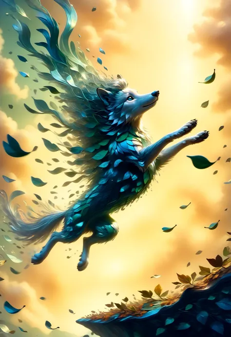 painting of a dog flying through the air with leaves flying around