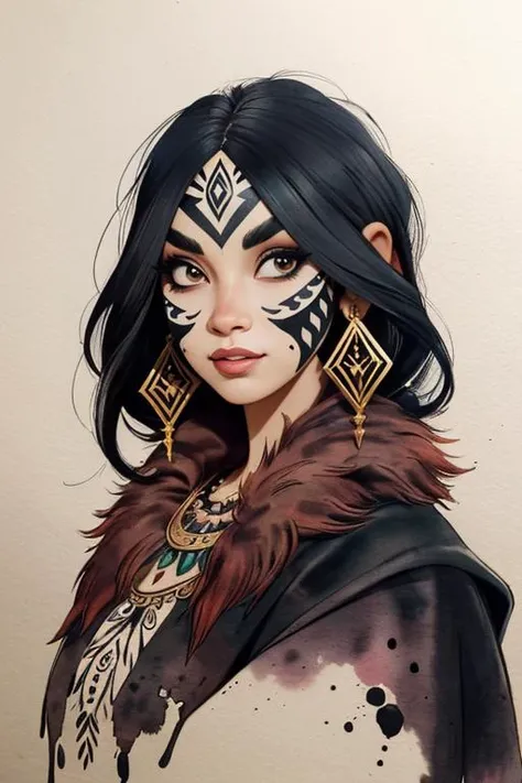 ink illustration, on parchment, ink splashes, ink stains, ink smears, faded ink, (fantasy:1.4), woman in fur clothes, dark hair,tribal,barren landscape,tropical plants,looking at viewer,watercolor,tribal face paint,warm tones,
 <lora:detail_slider_v4:-0.5>