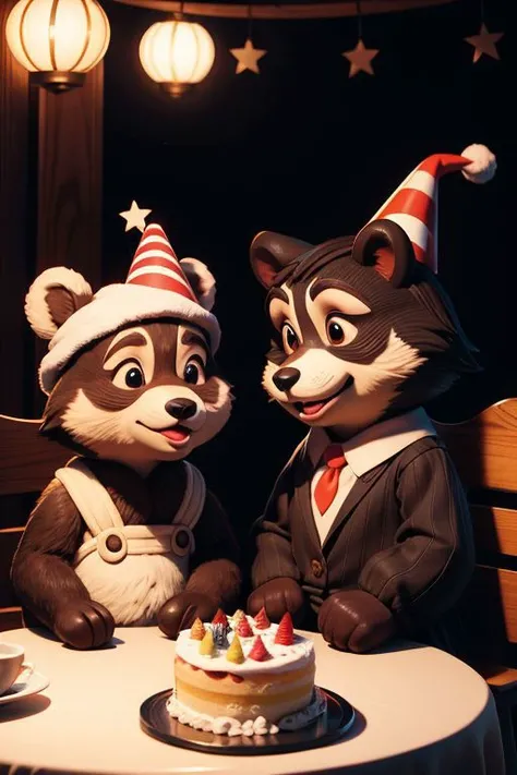 A bear and a raccoon are sitting at the table, birthday cake, in festive caps