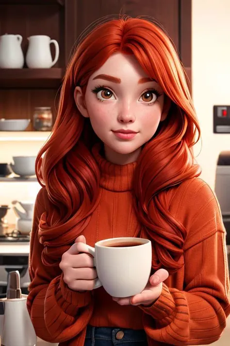 real photo, a very beautiful red-haired girl in a warm sweater drinks coffee