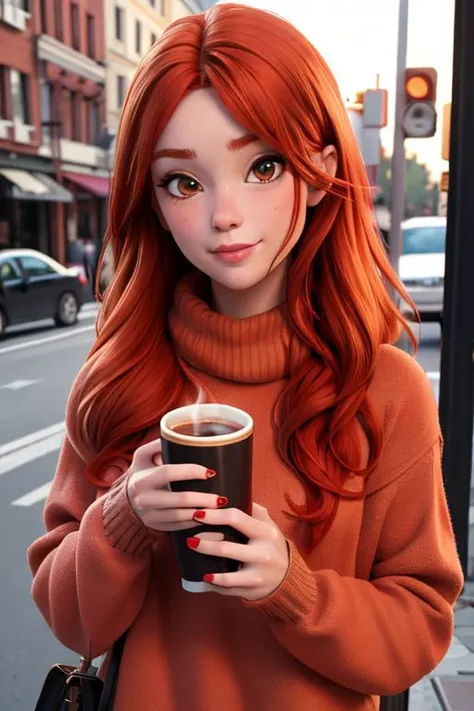 real photo, a very beautiful red-haired girl in a warm sweater drinks coffee