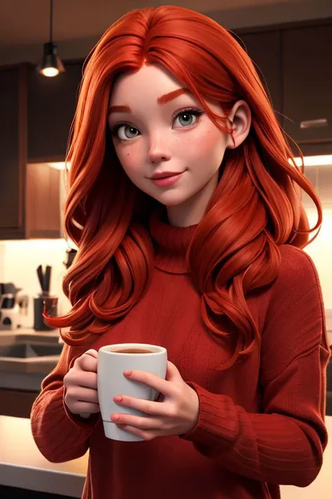 real photo, a very beautiful red-haired girl in a warm sweater drinks coffee